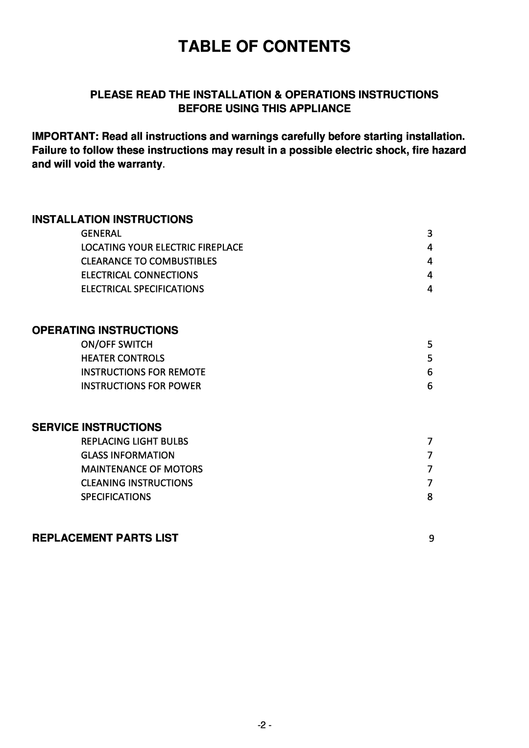 Desa Tech EF5802R installation instructions Table Of Contents 