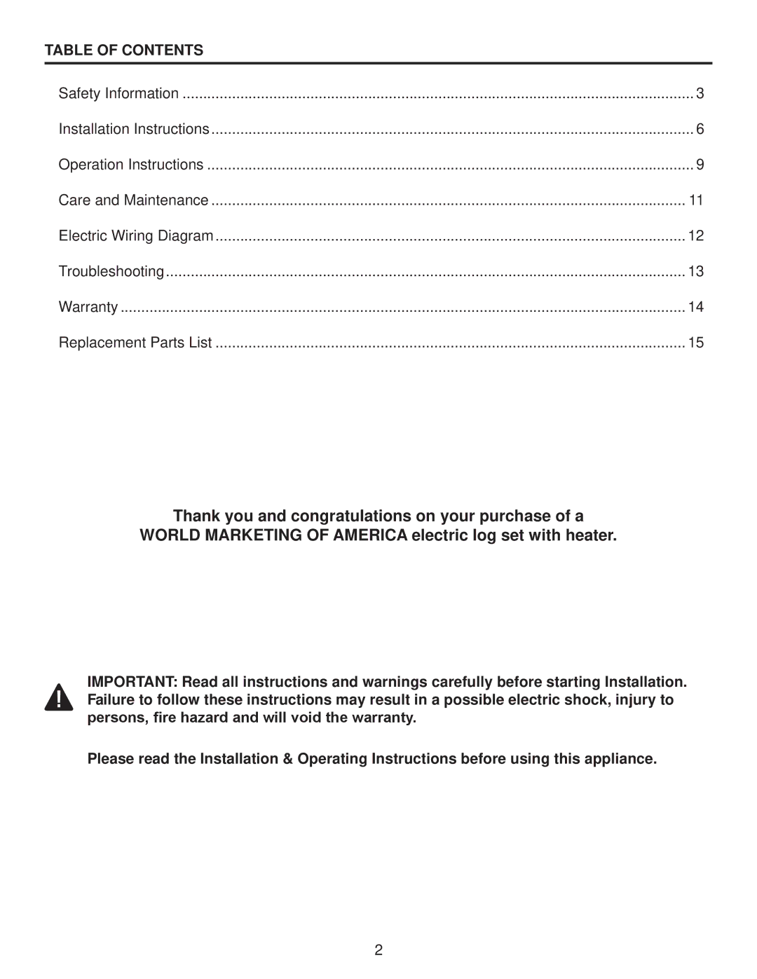 Desa Tech ELCG 240, ELCG 347 manual Table of Contents 