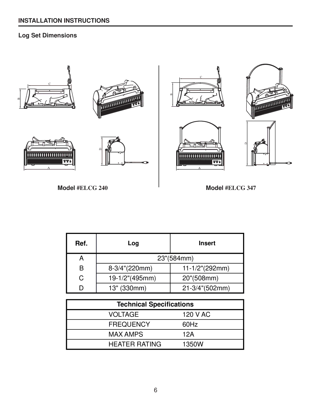 Desa Tech ELCG 240, ELCG 347 manual Installation Instructions, Log Set Dimensions, Log Insert 