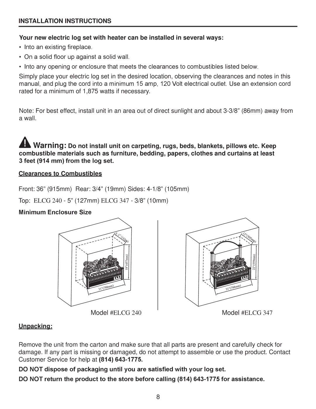 Desa Tech ELCG 240, ELCG 347 manual Clearances to Combustibles, Minimum Enclosure Size, Unpacking 