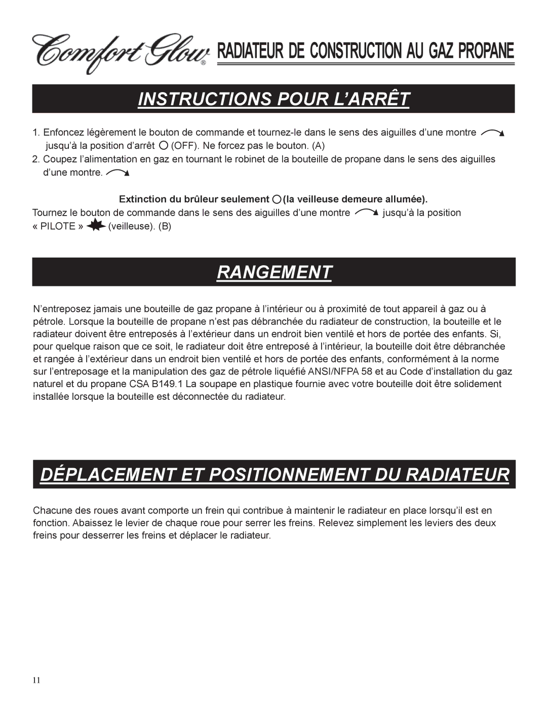 Desa Tech GCH480 manual InstruCtions Pour l’arrÊt, RangeMent, DéPlaCeMent et PositionneMent du radiateur 