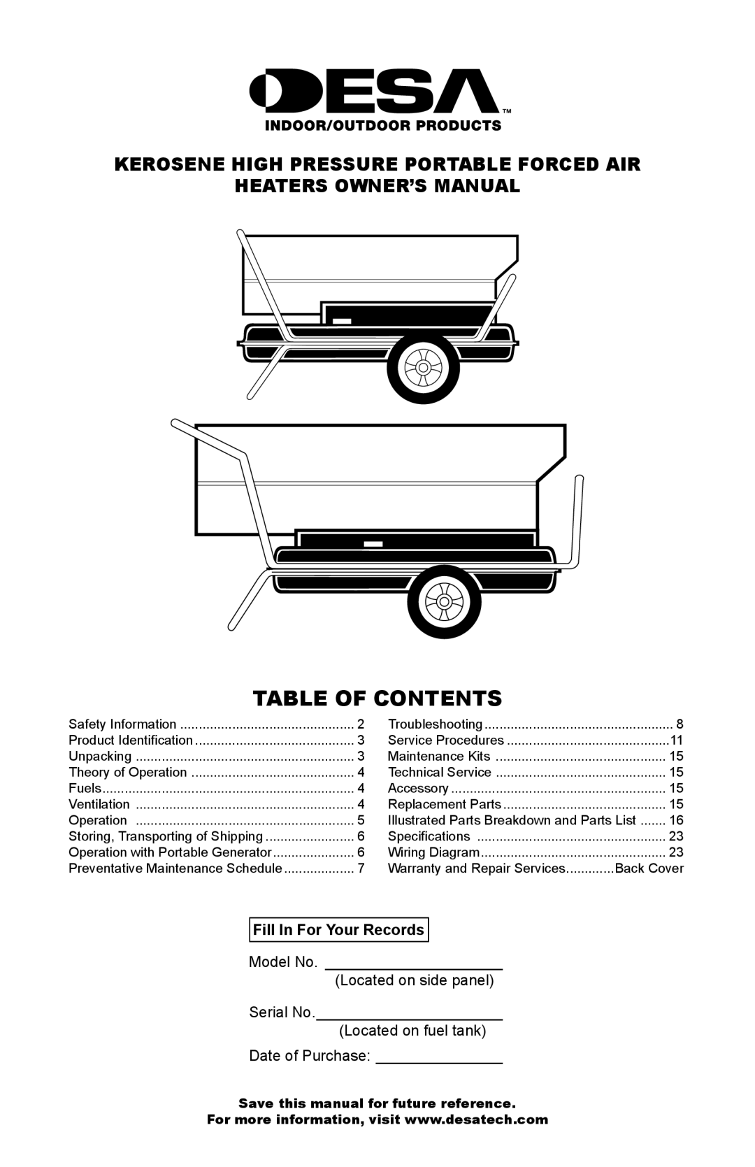 Desa Tech HEATERS OWNER'S MANUAL owner manual Table of Contents 