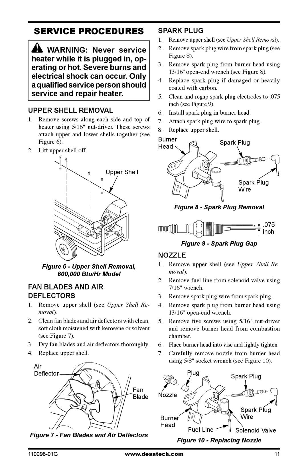 Desa Tech HEATERS OWNER'S MANUAL Service Procedures, Upper Shell Removal, Spark Plug, FAN Blades and AIR Deflectors 