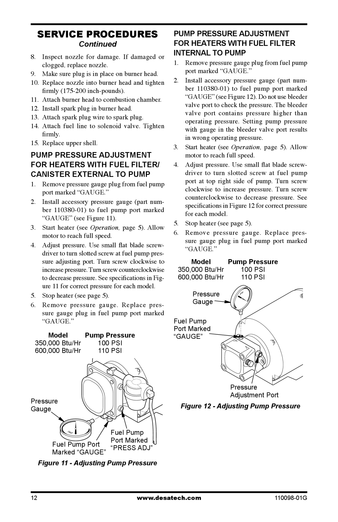 Desa Tech HEATERS OWNER'S MANUAL owner manual Adjusting Pump Pressure 