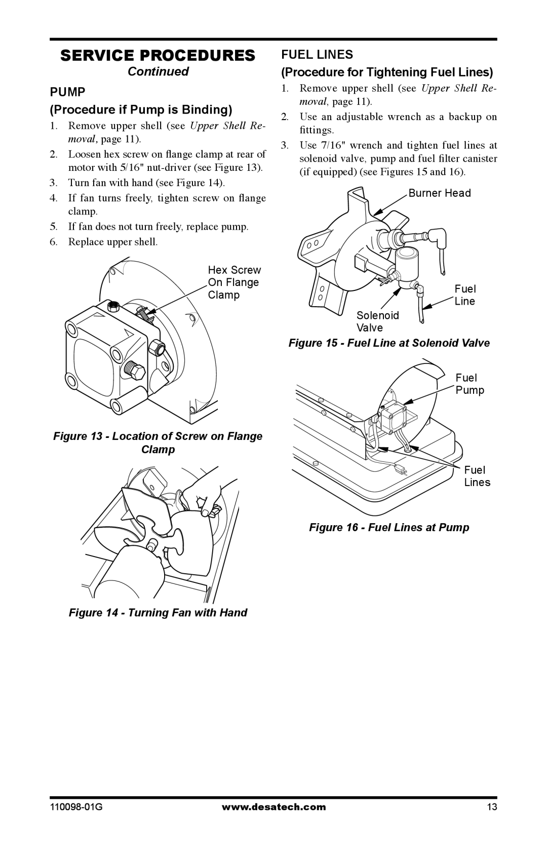 Desa Tech HEATERS OWNER'S MANUAL owner manual Pump Procedure if Pump is Binding, Fuel Lines 