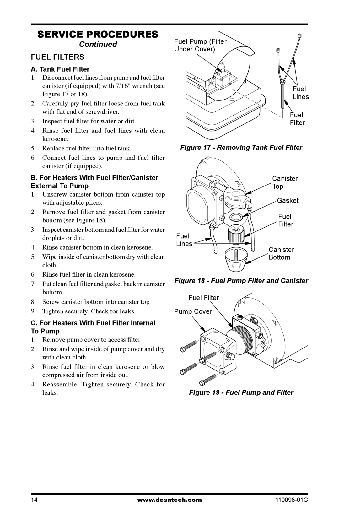 Desa Tech HEATERS OWNER'S MANUAL Fuel Filters, Tank Fuel Filter, For Heaters With Fuel Filter/Canister External To Pump 