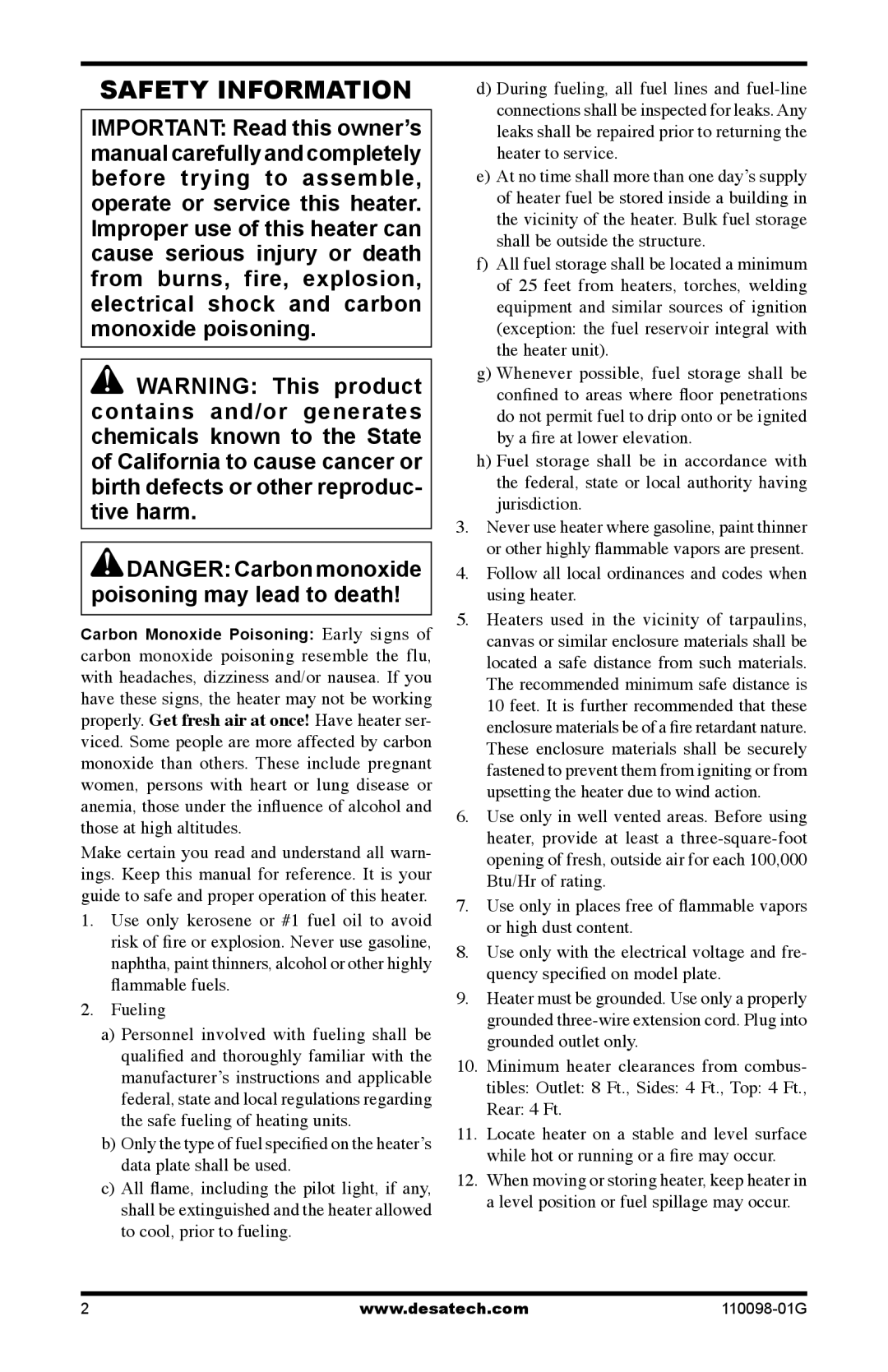 Desa Tech HEATERS OWNER'S MANUAL owner manual Safety Information, Follow all local ordinances and codes when using heater 