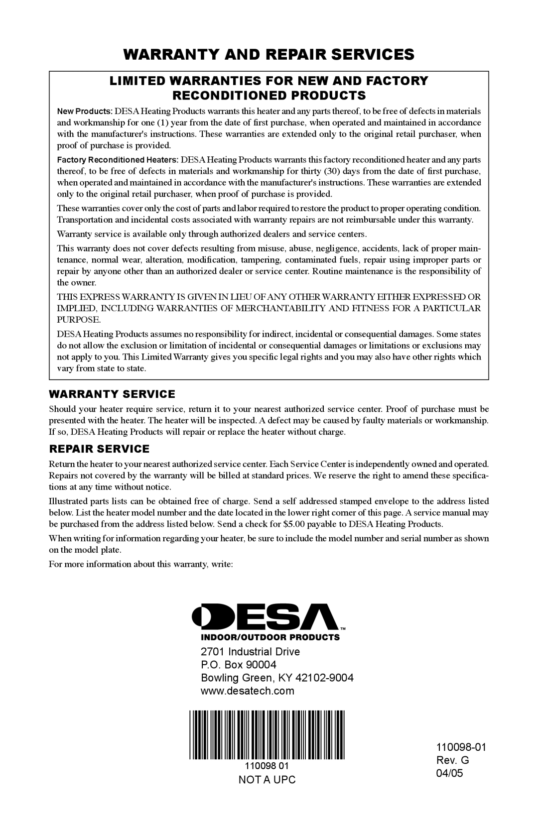 Desa Tech HEATERS OWNER'S MANUAL owner manual Warranty and Repair Services, Warranty Service 