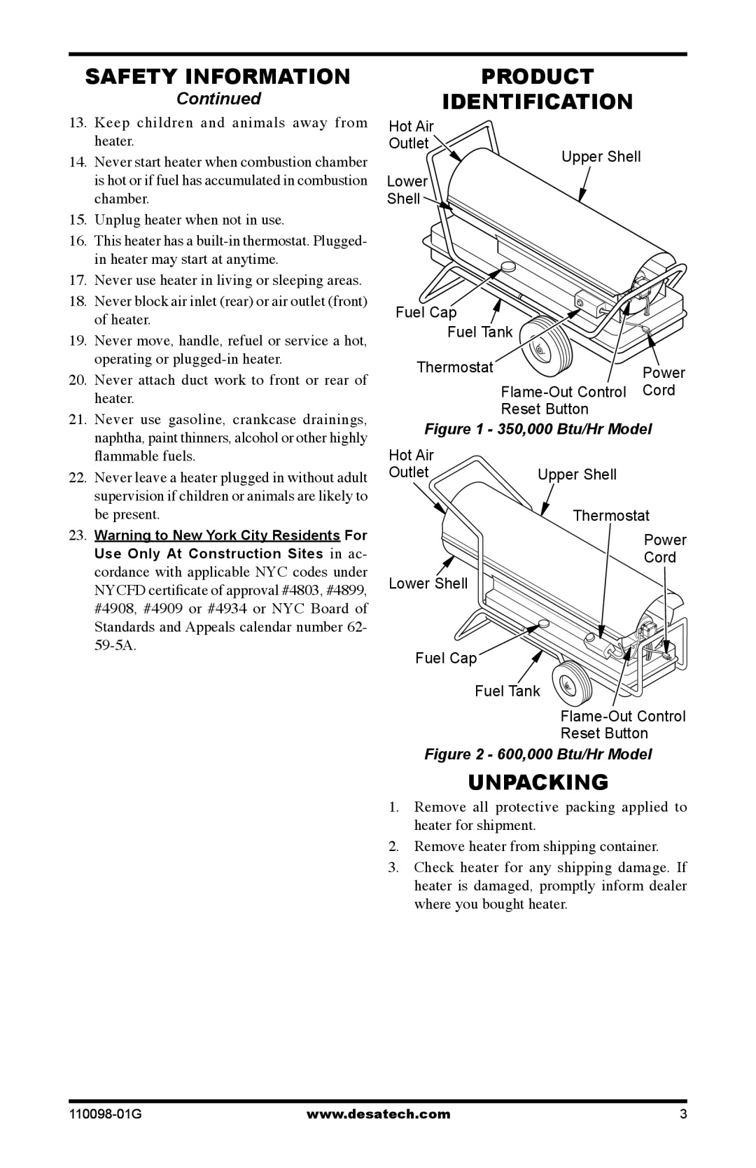 Desa Tech HEATERS OWNER'S MANUAL owner manual Product Identification, Unpacking 