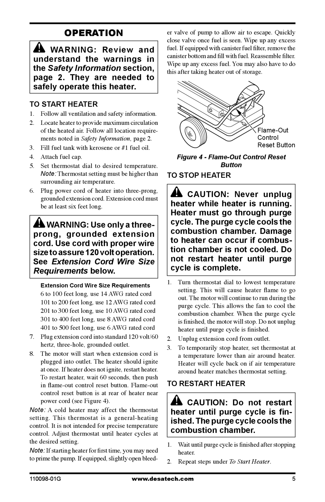 Desa Tech HEATERS OWNER'S MANUAL owner manual Operation, To Start Heater, To Stop Heater, To Restart Heater 