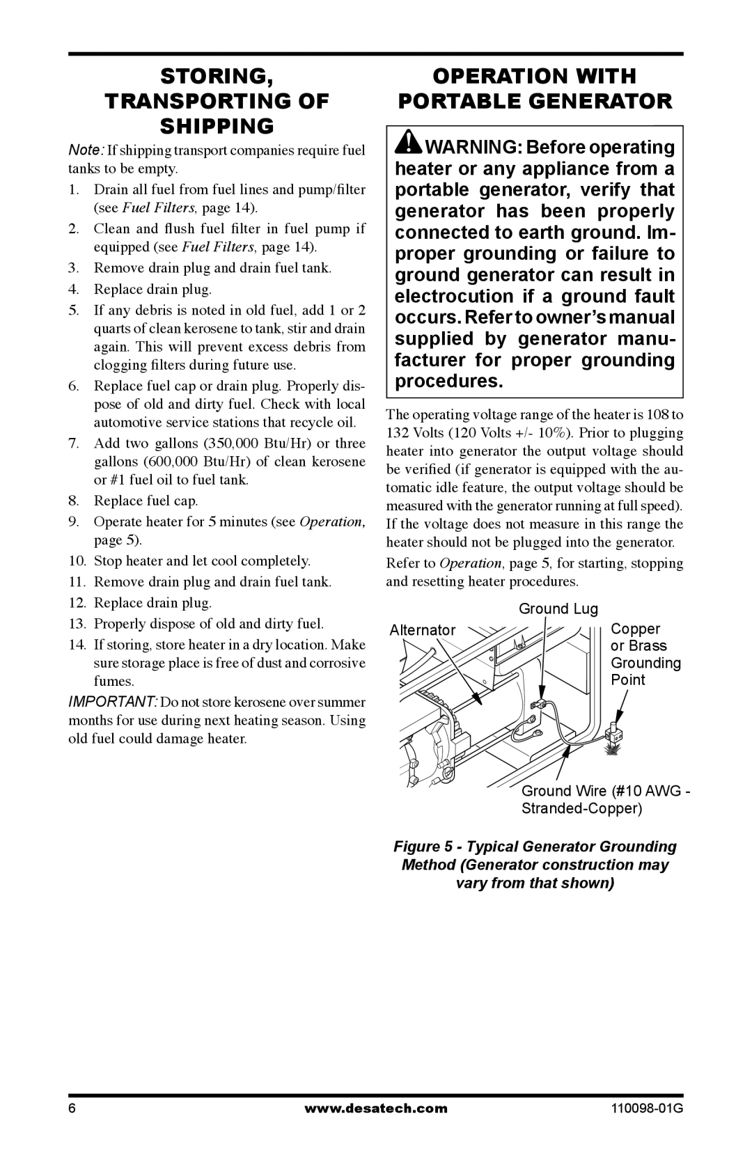 Desa Tech HEATERS OWNER'S MANUAL owner manual STORING, Transporting of Shipping, Portable Generator 