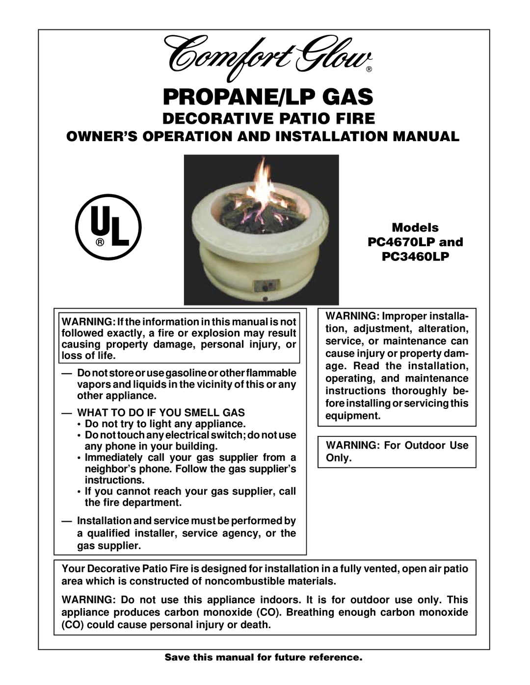 Desa Tech PC4670LP, PC3460LP installation manual OWNER’S Operation and Installation Manual, What to do if YOU Smell GAS 