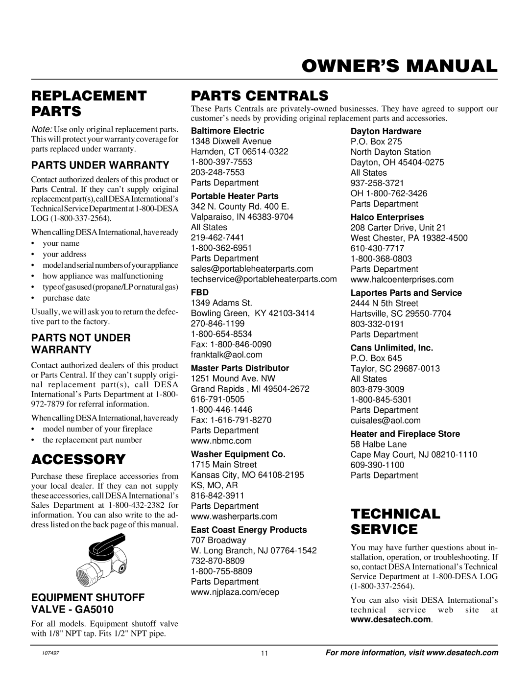 Desa Tech PC4670LP, PC3460LP installation manual Replacement Parts Parts Centrals, Accessory, Technical Service 