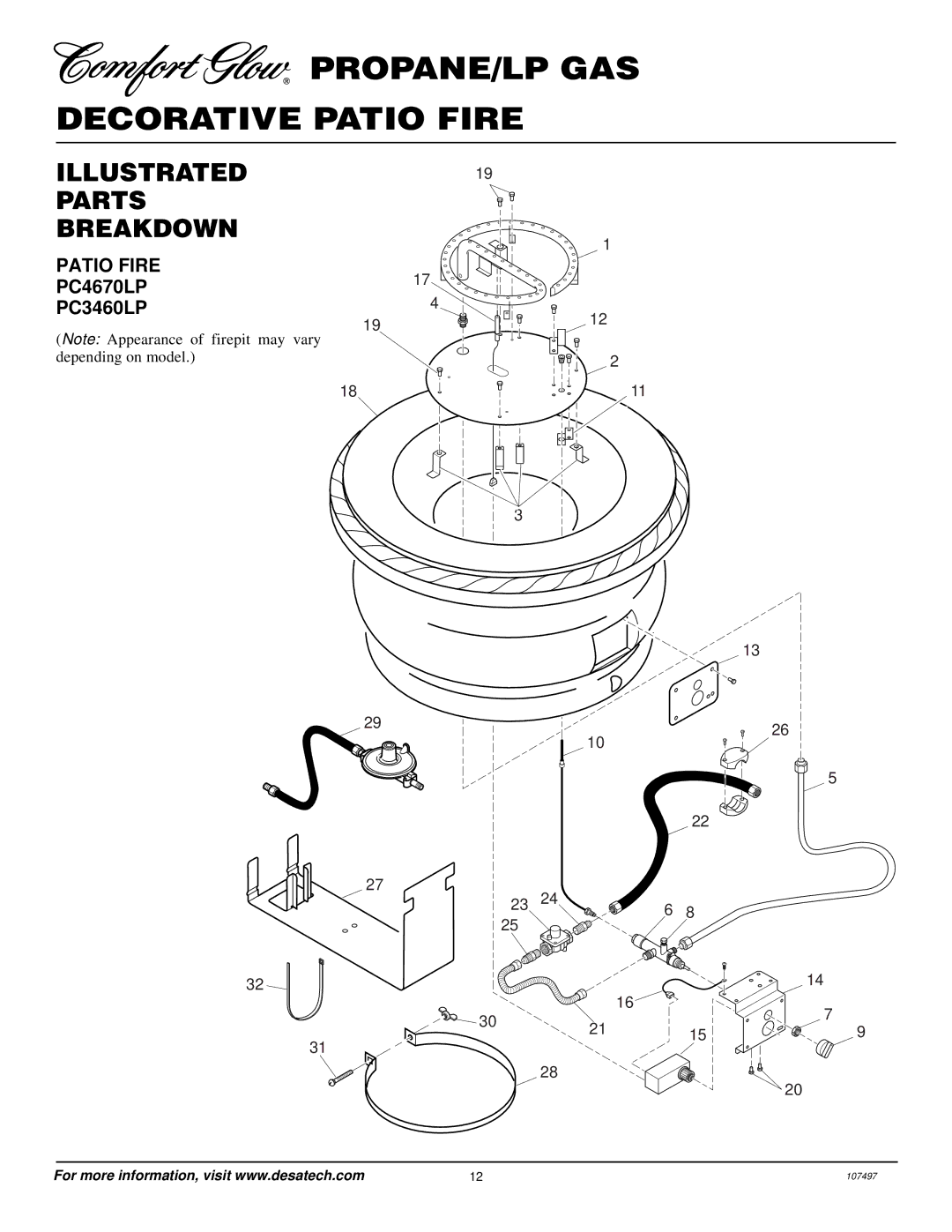 Desa Tech PC3460LP, PC4670LP installation manual Illustrated Parts Breakdown, Patio Fire 