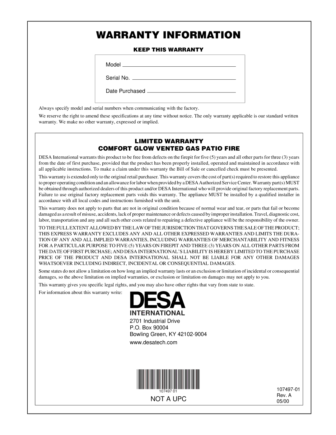 Desa Tech PC3460LP, PC4670LP installation manual International, Keep this Warranty 