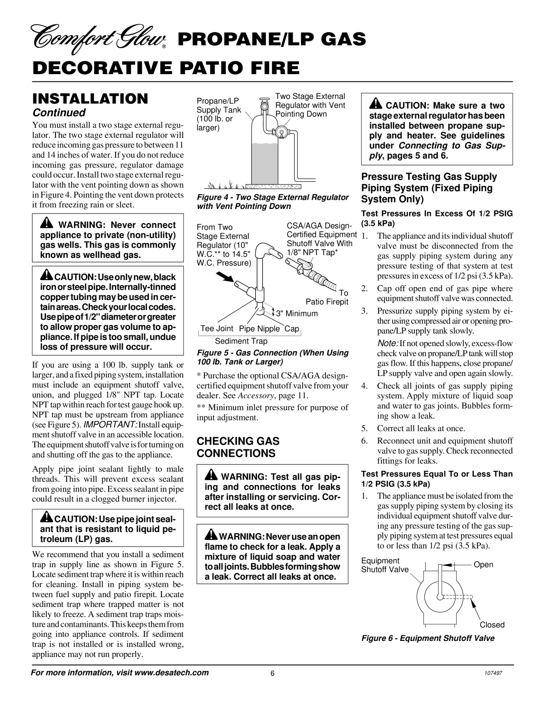 Desa Tech PC3460LP, PC4670LP installation manual Checking GAS Connections, Test Pressures In Excess Of 1/2 Psig 