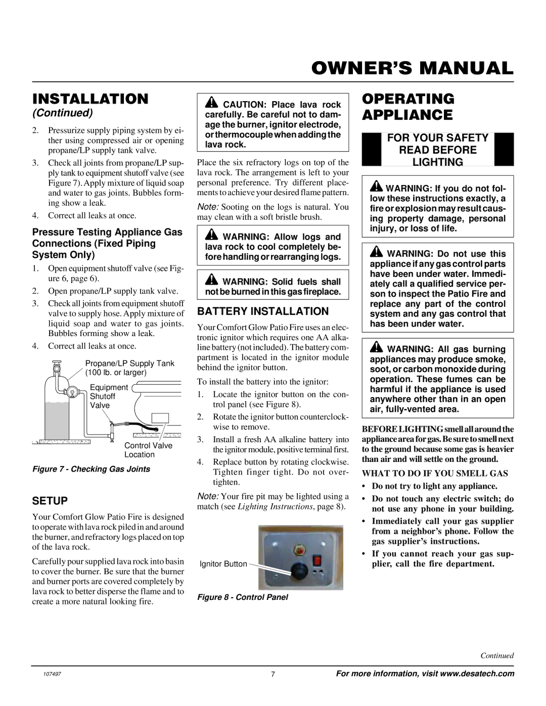 Desa Tech PC4670LP, PC3460LP Operating Appliance, For Your Safety Read Before Lighting, Battery Installation, Setup 