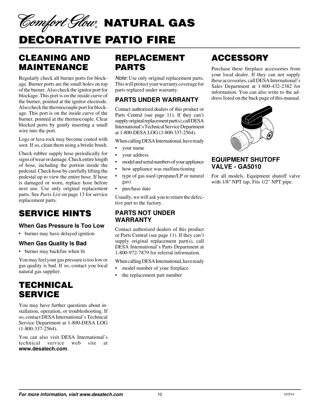 Desa Tech PC4670NG, PC3460NG Cleaning and Maintenance, Replacement Parts, Accessory, Service Hints, Technical Service 