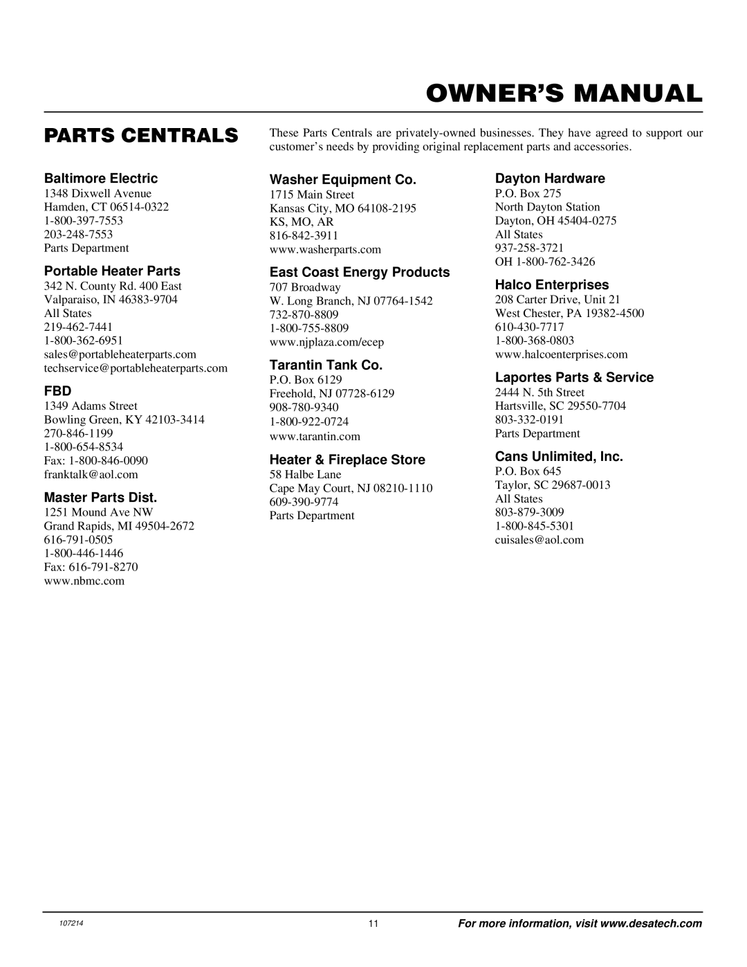 Desa Tech PC3460NG, PC4670NG installation manual Parts Centrals, Fbd 