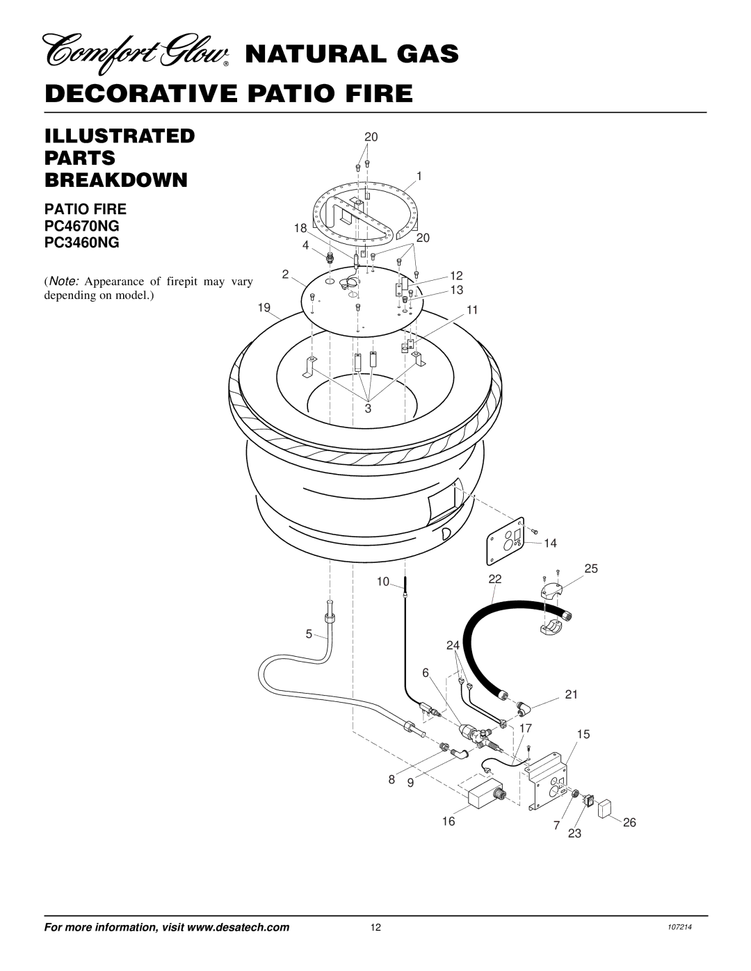 Desa Tech PC4670NG, PC3460NG installation manual Illustrated Parts Breakdown, Patio Fire 