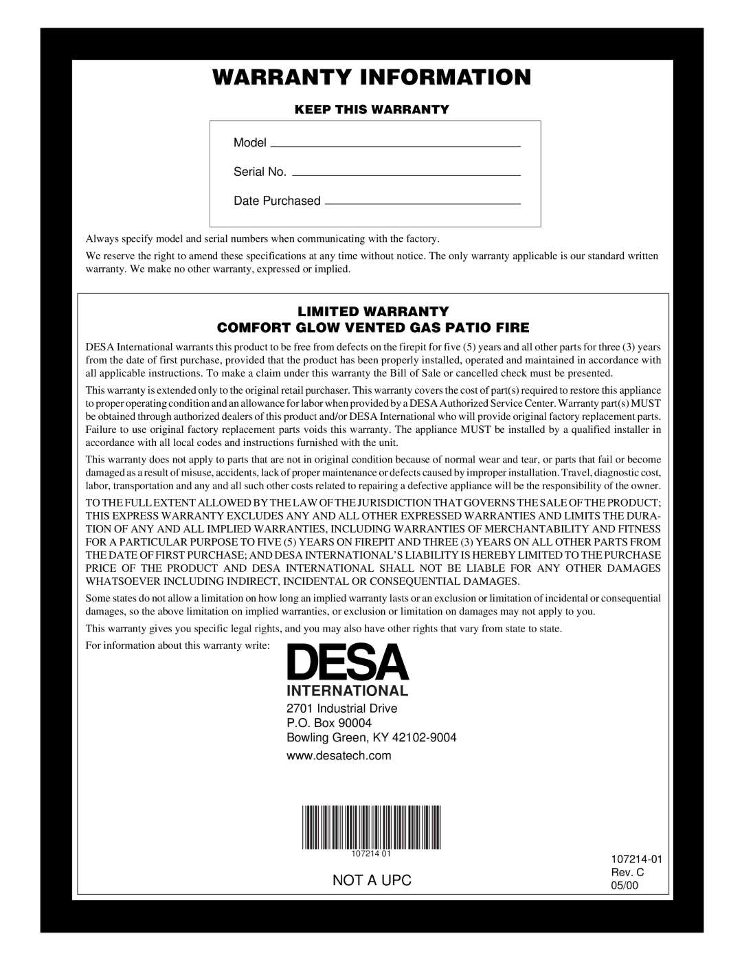 Desa Tech PC4670NG, PC3460NG installation manual International, Limited Warranty Comfort Glow Vented GAS Patio Fire 