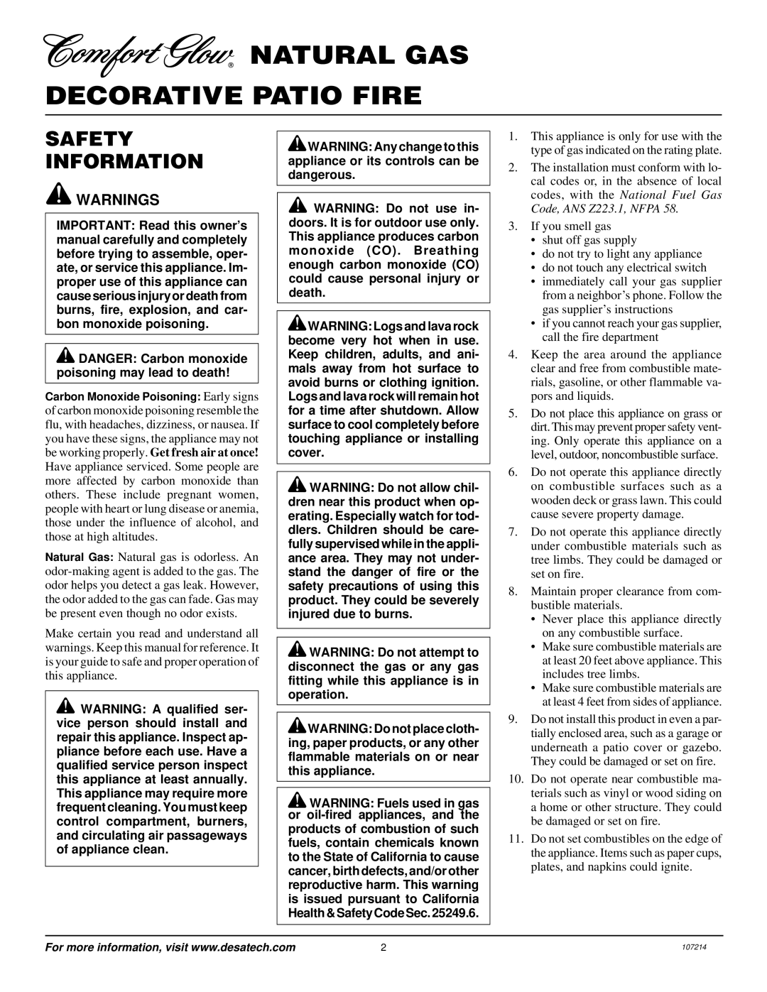 Desa Tech PC4670NG, PC3460NG installation manual Natural GAS Decorative Patio Fire, Safety Information 