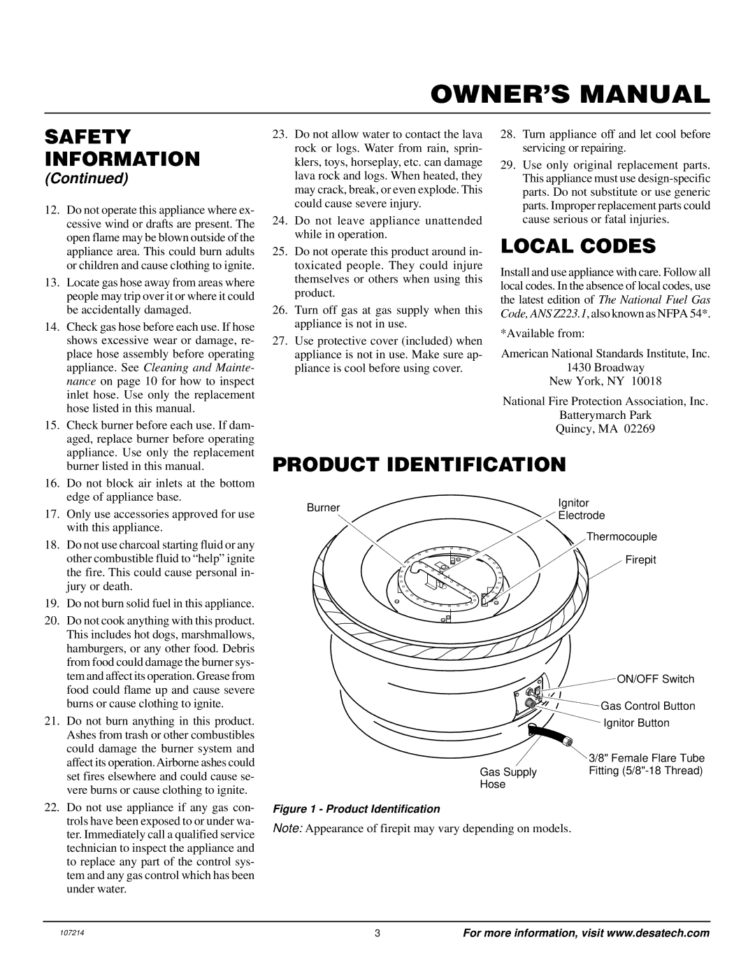 Desa Tech PC3460NG, PC4670NG installation manual Local Codes, Product Identification 