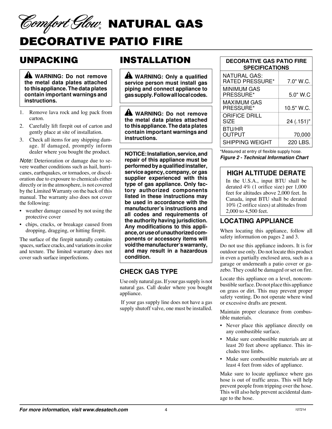 Desa Tech PC4670NG, PC3460NG Unpacking Installation, Check GAS Type, High Altitude Derate, Locating Appliance 