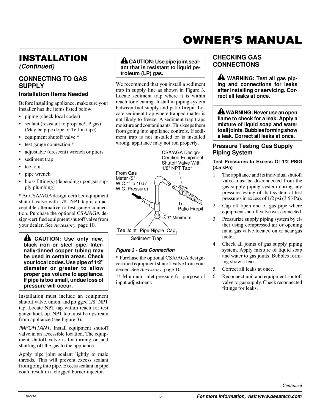 Desa Tech PC3460NG, PC4670NG Connecting to GAS Supply, Checking GAS Connections, Installation Items Needed 