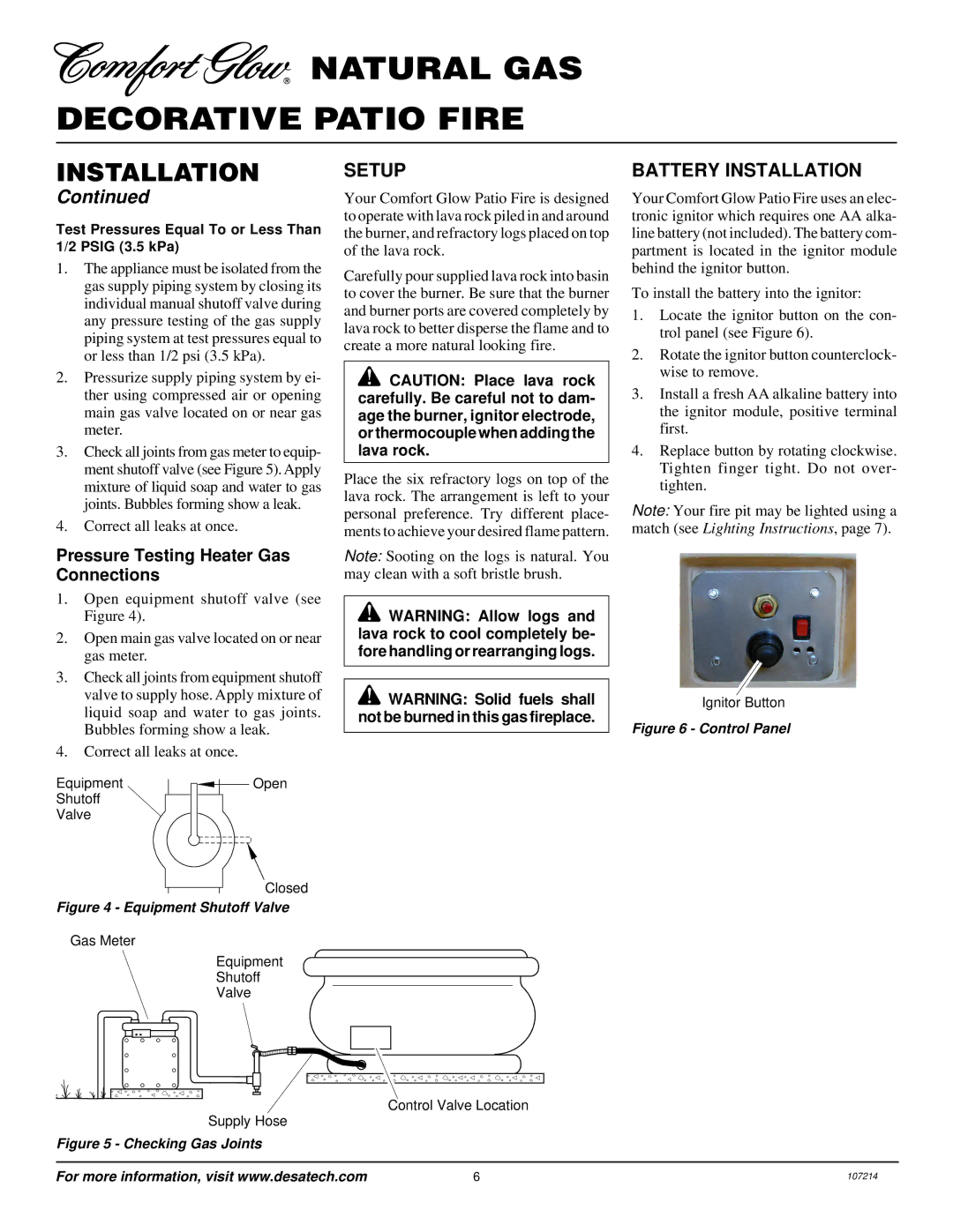 Desa Tech PC4670NG, PC3460NG installation manual Setup, Battery Installation, Pressure Testing Heater Gas Connections 