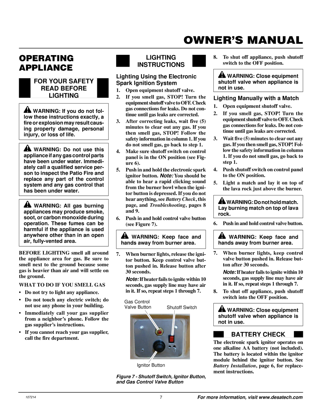 Desa Tech PC3460NG Operating Appliance, For Your Safety Read Before Lighting, Lighting Instructions, Battery Check 