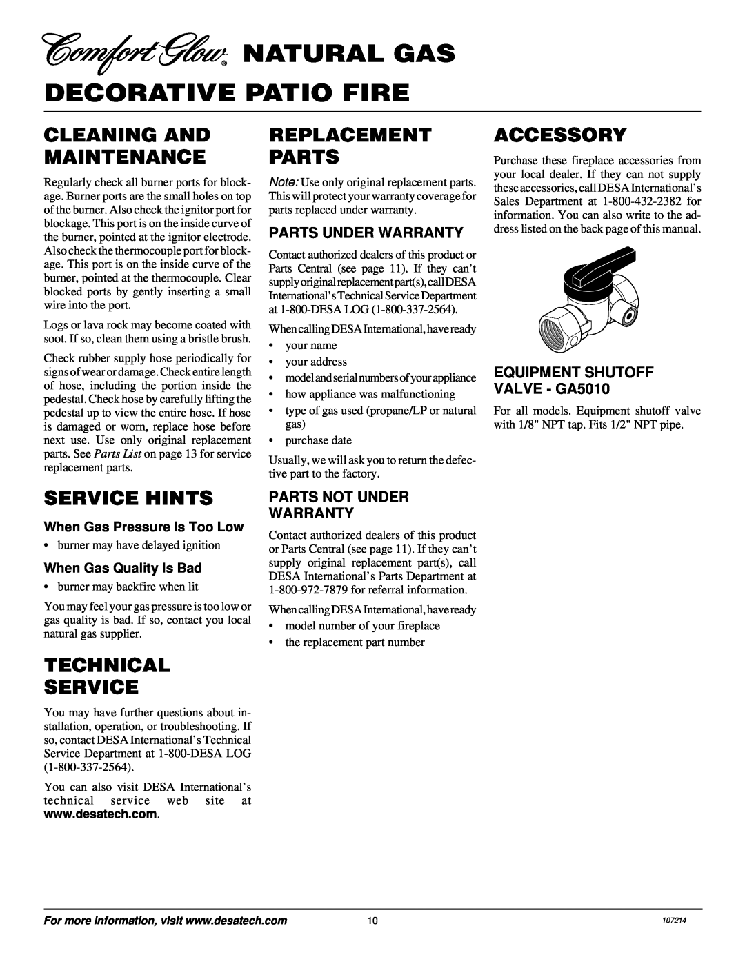 Desa Tech PC4670NG, PC3460NG Cleaning And Maintenance, Replacement Parts, Accessory, Service Hints, Technical Service 