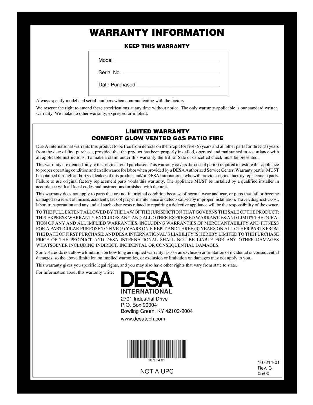 Desa Tech PC4670NG, PC3460NG installation manual Warranty Information, International, Not A Upc 