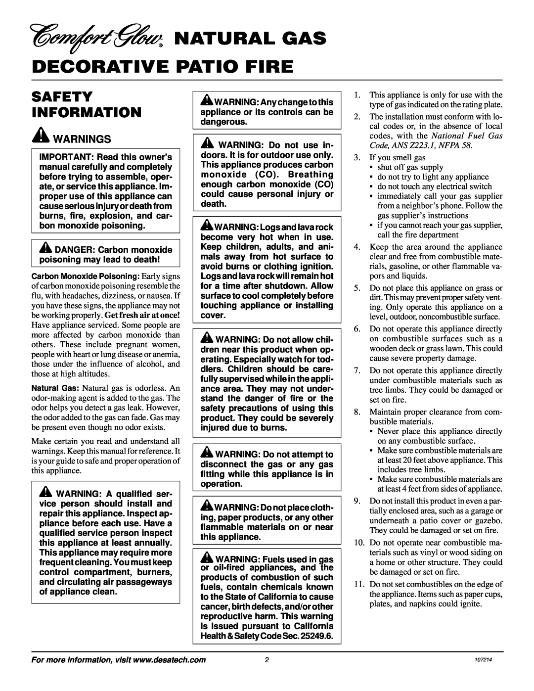 Desa Tech PC4670NG, PC3460NG installation manual Natural Gas Decorative Patio Fire, Safety Information 