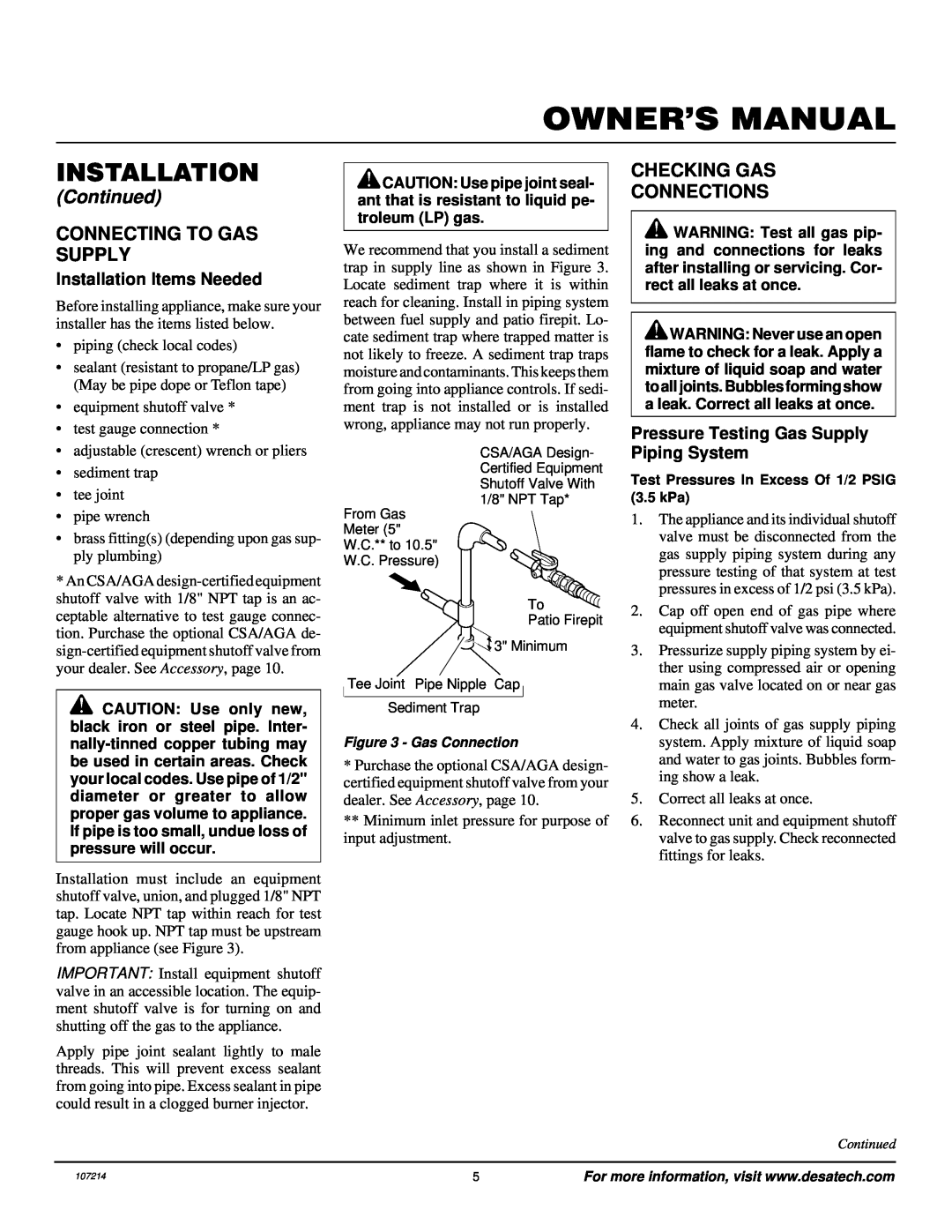 Desa Tech PC3460NG, PC4670NG Installation, Owner’S Manual, Continued, Connecting To Gas Supply, Checking Gas Connections 