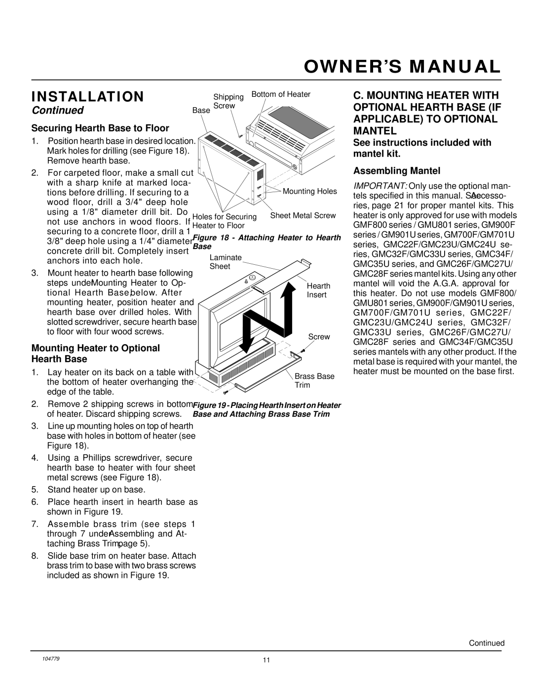 Desa Tech RFN28TD installation manual Securing Hearth Base to Floor, Mounting Heater to Optional Hearth Base 