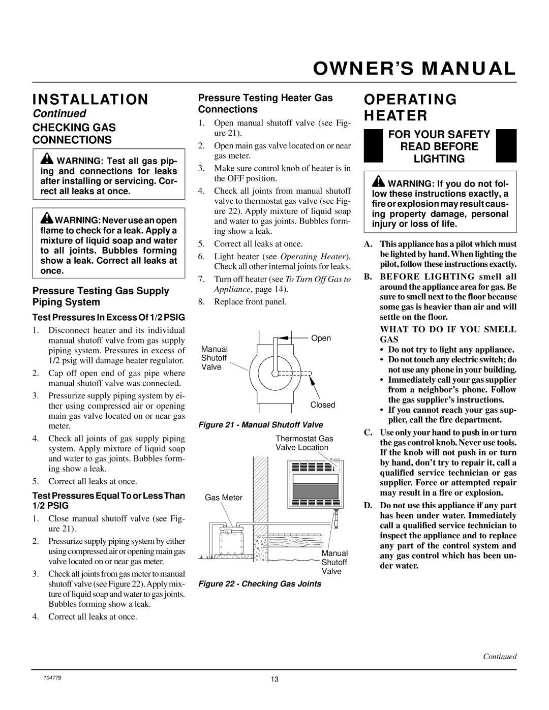 Desa Tech RFN28TD installation manual Operating Heater, Checking GAS Connections, For Your Safety Read Before Lighting 