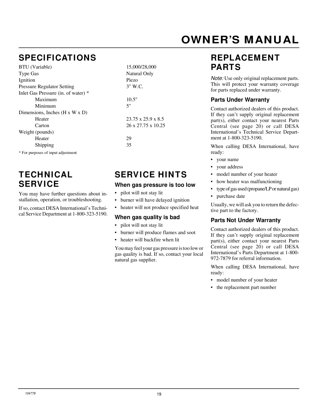 Desa Tech RFN28TD installation manual Specifications, Replacement Parts, Technical Service, Service Hints 