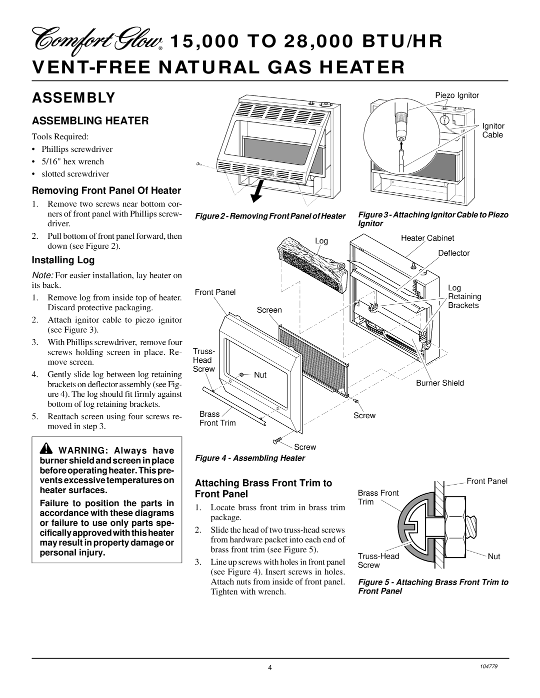 Desa Tech RFN28TD installation manual Assembly, Assembling Heater, Removing Front Panel Of Heater, Installing Log 
