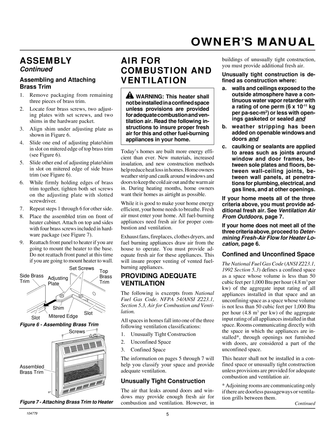 Desa Tech RFN28TD AIR for Combustion and Ventilation, Providing Adequate Ventilation, Assembling and Attaching Brass Trim 