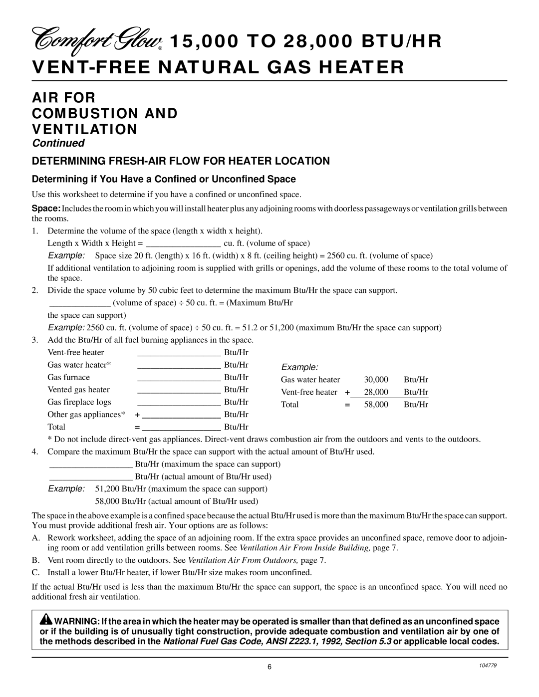 Desa Tech RFN28TD installation manual AIR for Combustion Ventilation, Determining FRESH-AIR Flow for Heater Location 