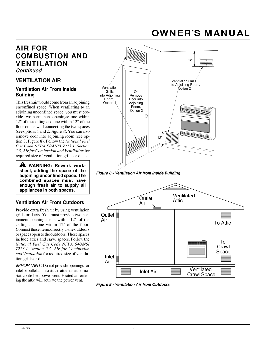 Desa Tech RFN28TD installation manual Ventilation AIR, Ventilation Air From Inside Building, Ventilation Air From Outdoors 
