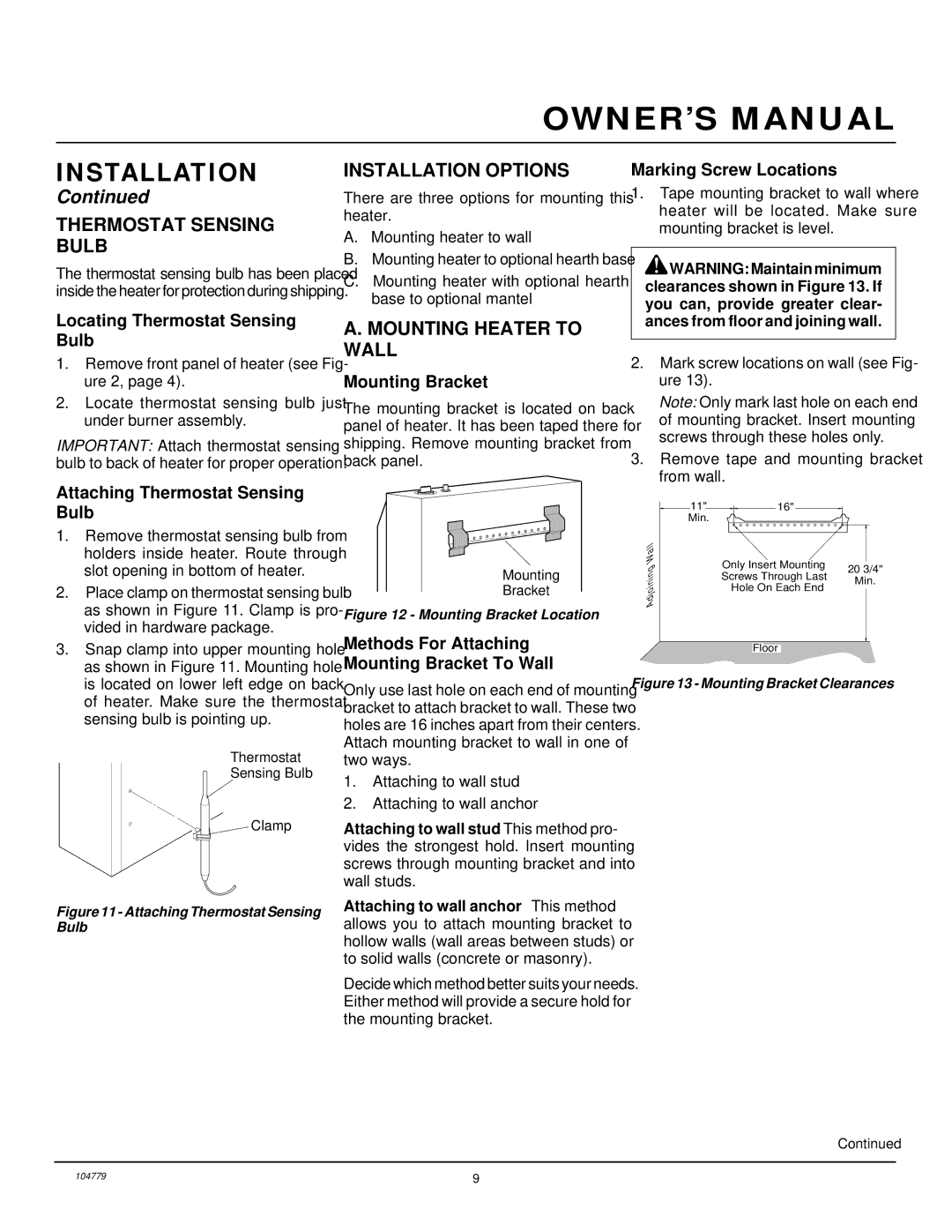 Desa Tech RFN28TD installation manual Thermostat Sensing Bulb, Installation Options, Mounting Heater to Wall 