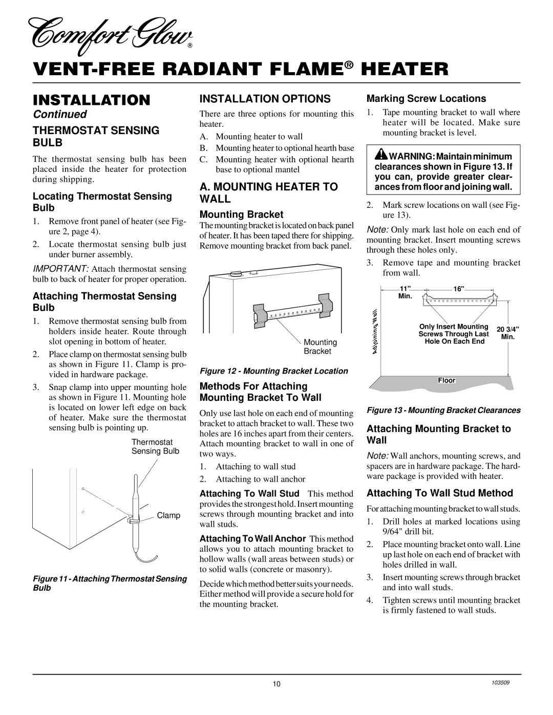 Desa Tech RFP28TC installation manual Thermostat Sensing Bulb, Installation Options, Mounting Heater to Wall 