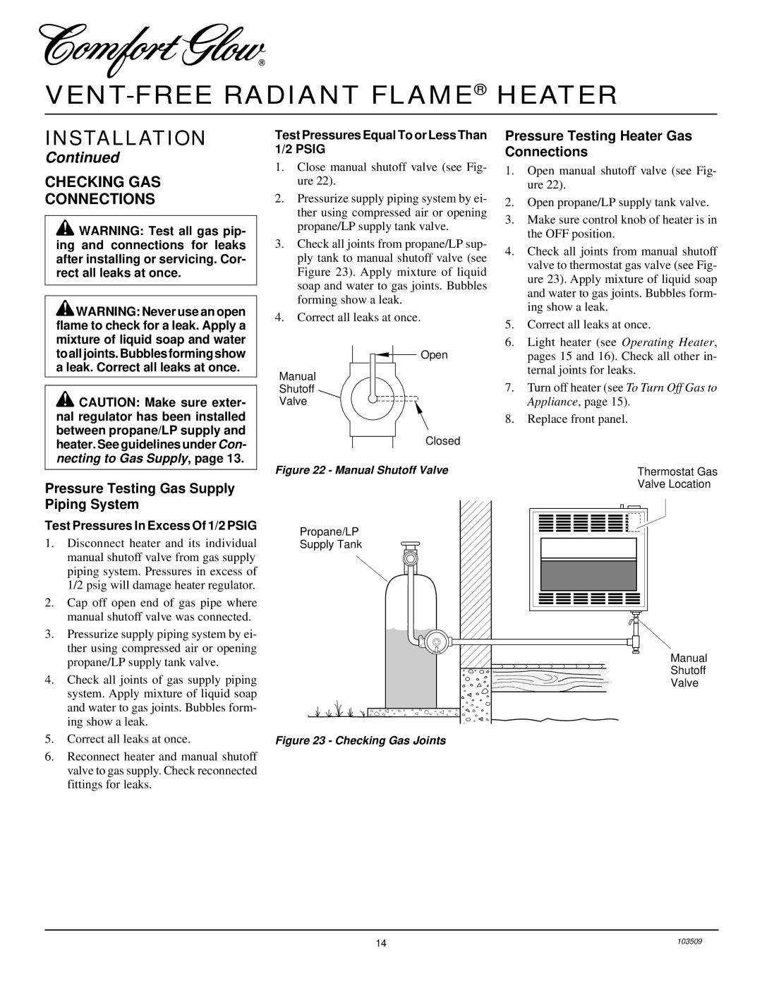 Desa Tech RFP28TC installation manual Checking GAS Connections, Pressure Testing Gas Supply Piping System 