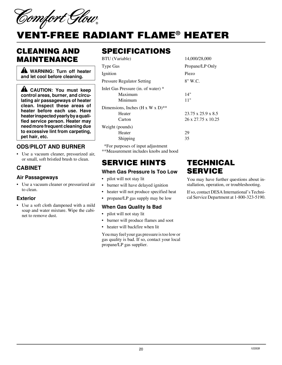 Desa Tech RFP28TC installation manual Cleaning and Maintenance, Specifications, Service Hints, Technical Service 