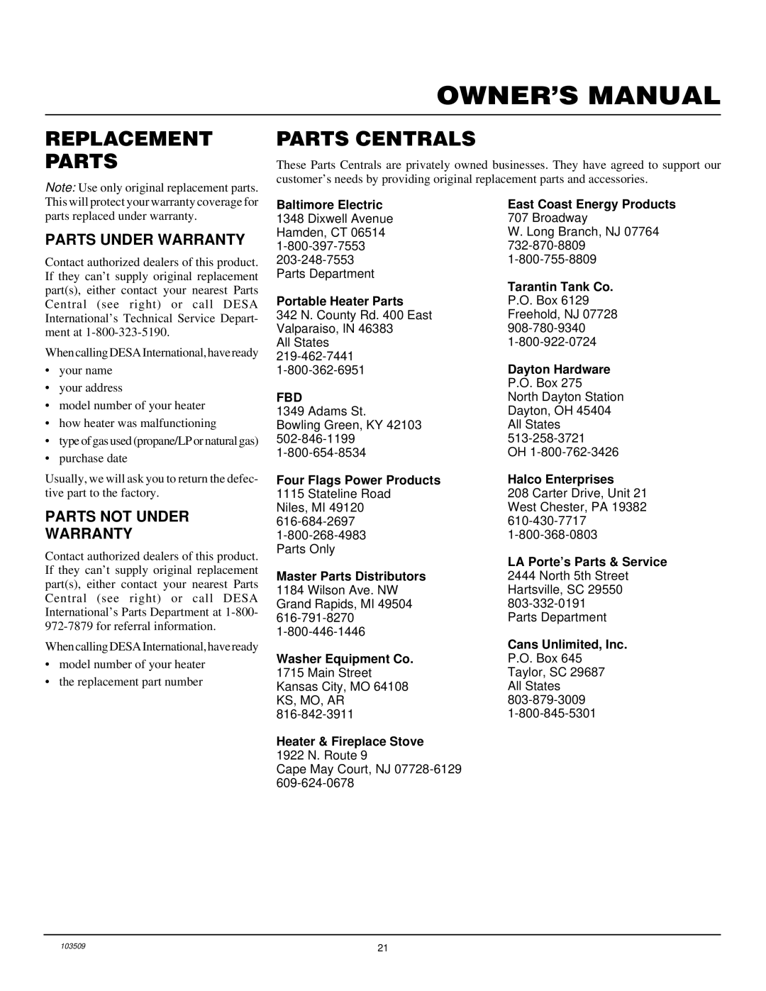 Desa Tech RFP28TC installation manual Replacement Parts Parts Centrals, Parts Under Warranty, Parts not Under Warranty 