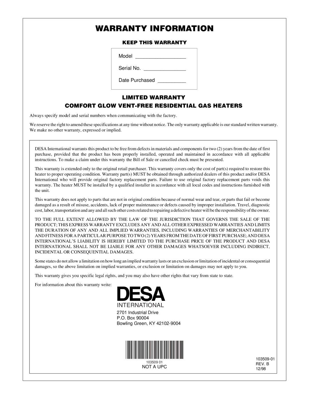 Desa Tech RFP28TC installation manual Warranty Information 