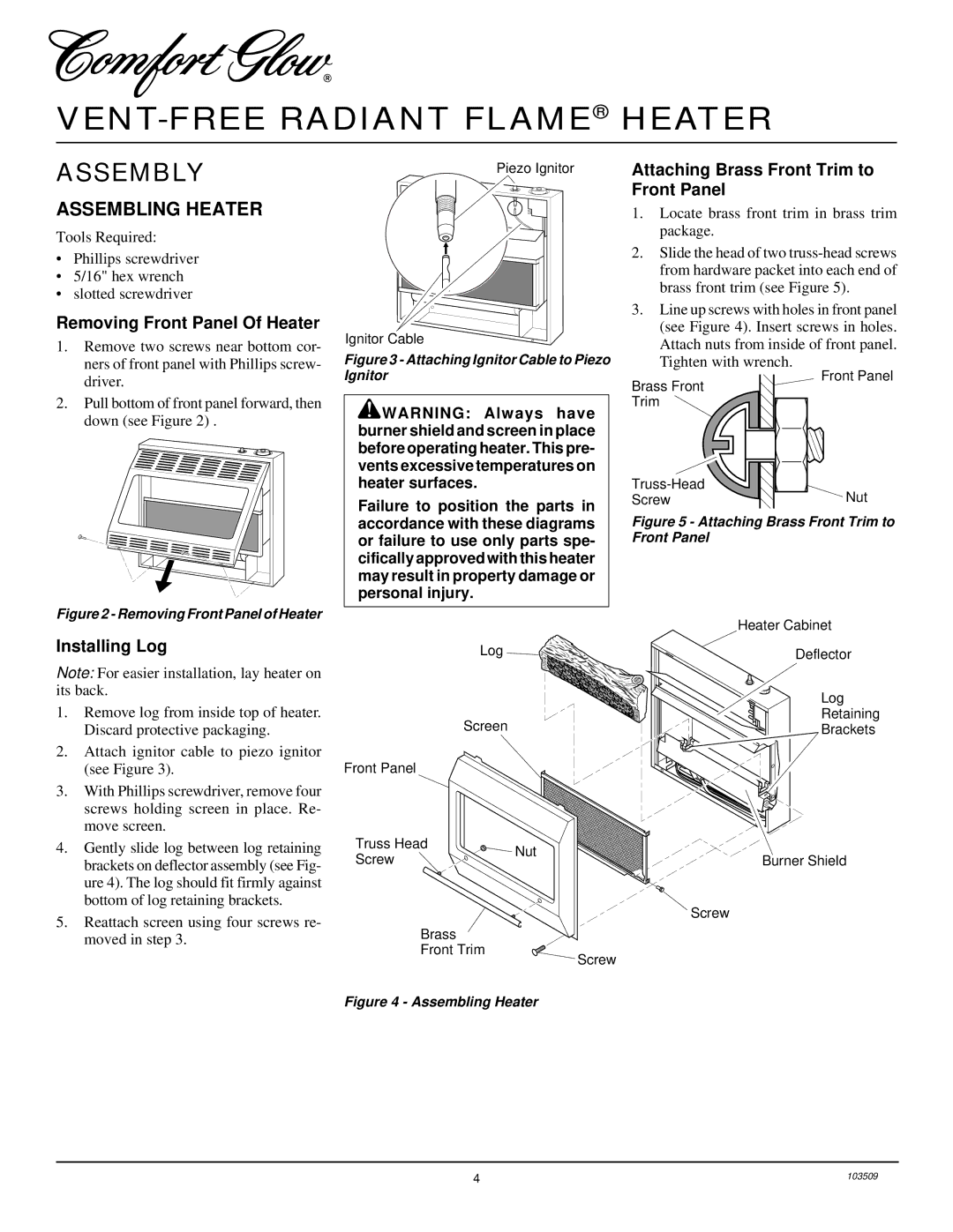 Desa Tech RFP28TC Assembly, Assembling Heater, Removing Front Panel Of Heater, Attaching Brass Front Trim to Front Panel 