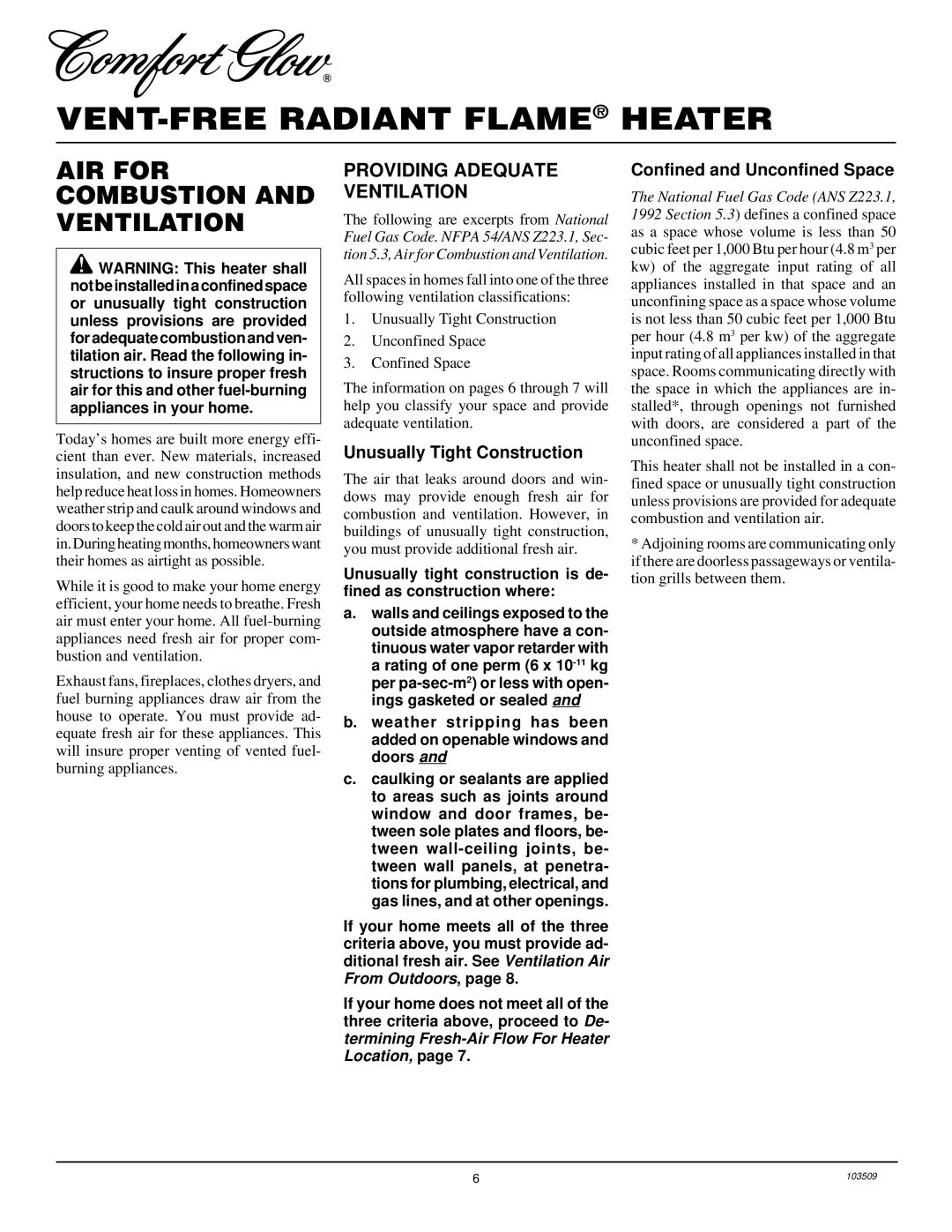 Desa Tech RFP28TC AIR for Combustion and Ventilation, Providing Adequate Ventilation, Unusually Tight Construction 